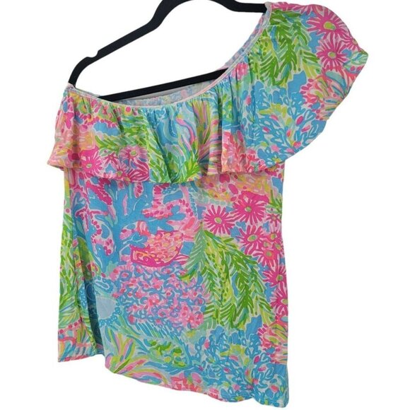 Lilly Pulitzer Floral One Shoulder Ruffle Top Womens Small Coral Beach Vacation - Picture 4 of 7